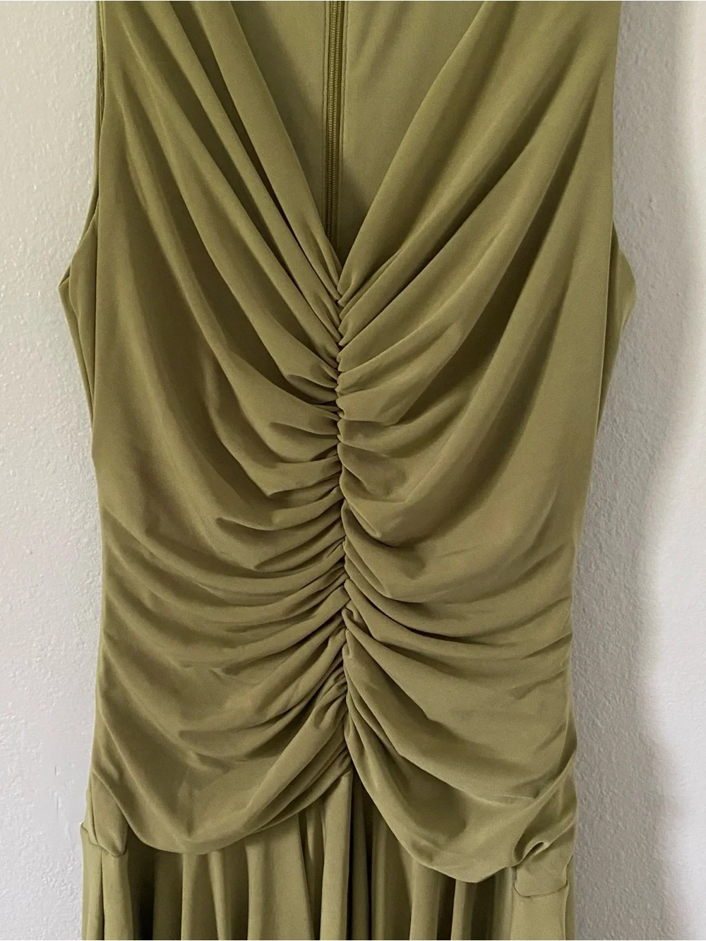 Sleeveless Olive Green Ruched V-Neck Dress - Picture 4 of 4